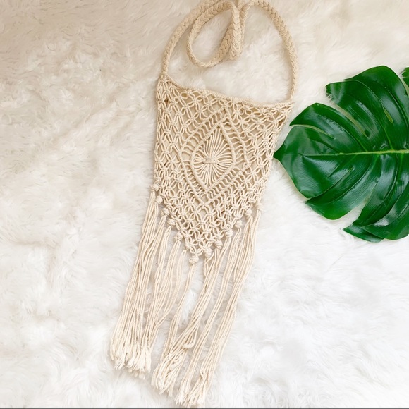 Vintage Handbags - Vintage 70’s style macrame fringe woven purse bag